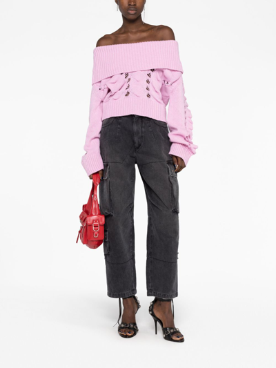 Shop Blumarine Off-shoulder Open-knit Wool Jumper In Pink