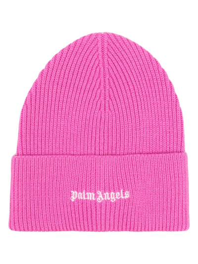 Shop Palm Angels Logo-embroidered Wool-blend Beanie In Pink