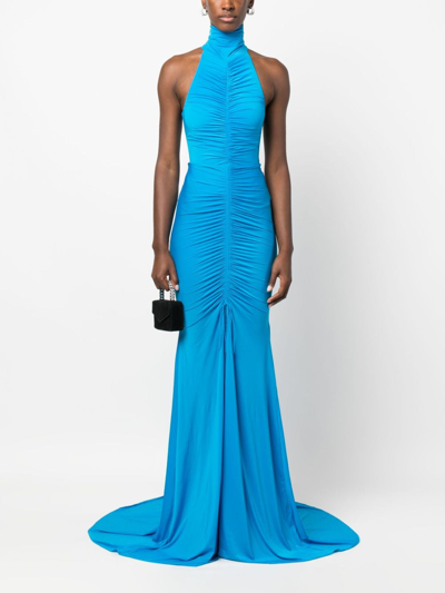 Shop Alex Perry Lorne Halterneck Ruched Gown In Blue