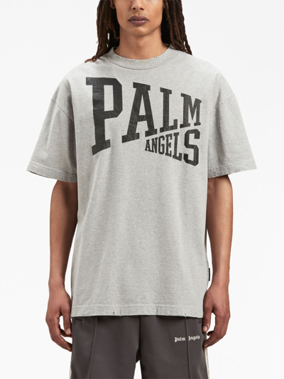 Shop Palm Angels Logo-print Crew-neck T-shirt In Grey