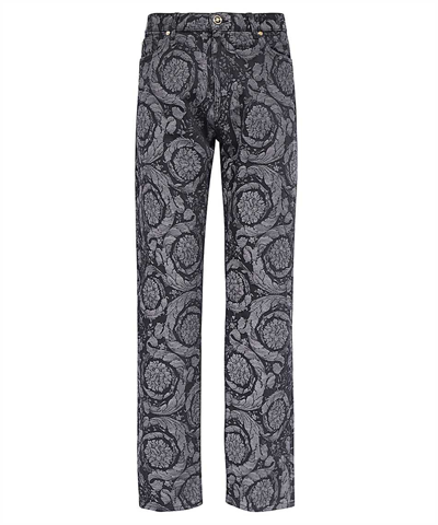 Shop Versace Barocco-jacquard Straight-leg Trousers In Grey
