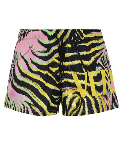 Shop Versace Seasonal Zebra And Logo Swim Shorts In Multicolor