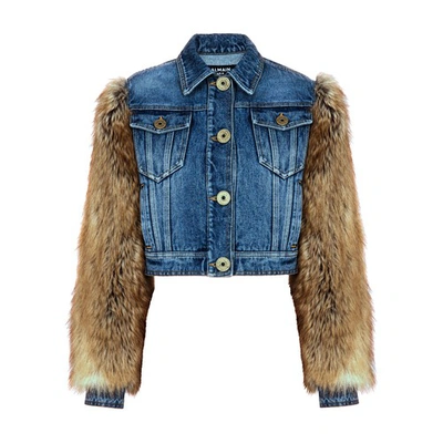 Shop Balmain Denim And Faux-fur Jacket In Blue