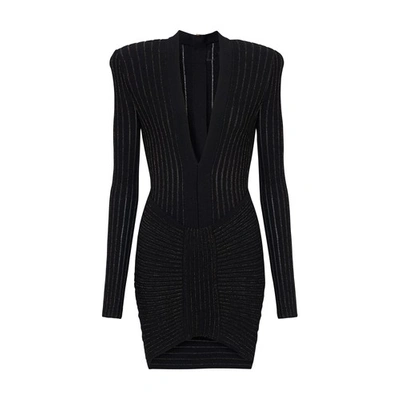 Shop Balmain Short Dress Tailored Fit Shorter At The Front V-neck Long Sleeves Striped Pattern In Black