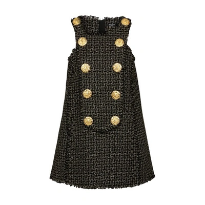 Shop Balmain Sleeveless Tweed Lurex Dress With Buttons In Black