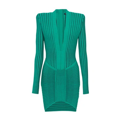Shop Balmain Short Dress Tailored Fit Shorter At The Front V-neck Long Sleeves Striped Pattern In Green