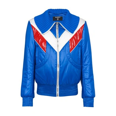 Shop Balmain Contrast Nylon Jacket / Contrast Yoke Jacket In Blue