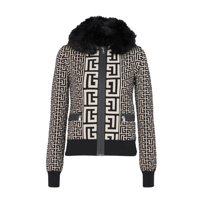 Shop Balmain Monogrammed Knit Jacket With Faux Fur In Black