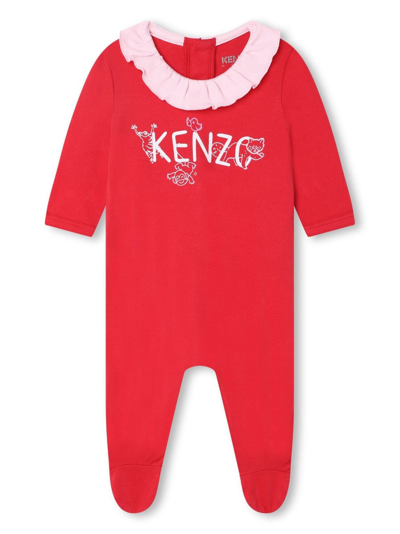 Shop Kenzo Logo-print Ruffled Babygrow In Red