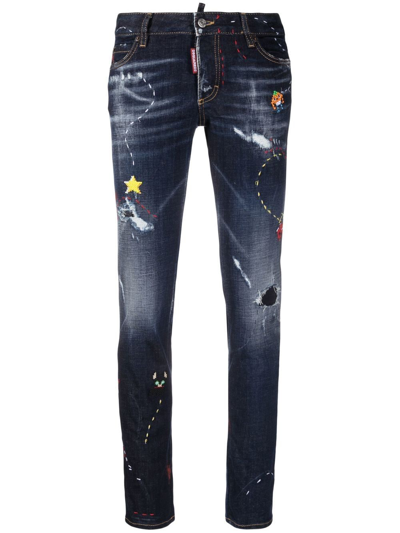 Dsquared2 Low-rise Embroidered Skinny Jeans In Blue