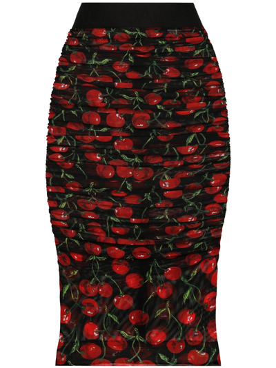 Shop Dolce & Gabbana Cherry-print Ruched Pencil Skirt In Black