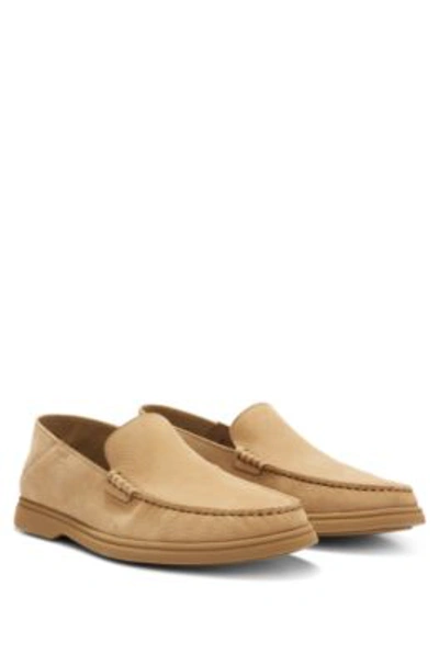 Shop Hugo Boss Nubuck Moccasins With Embossed Logo And Apron Toe In Beige