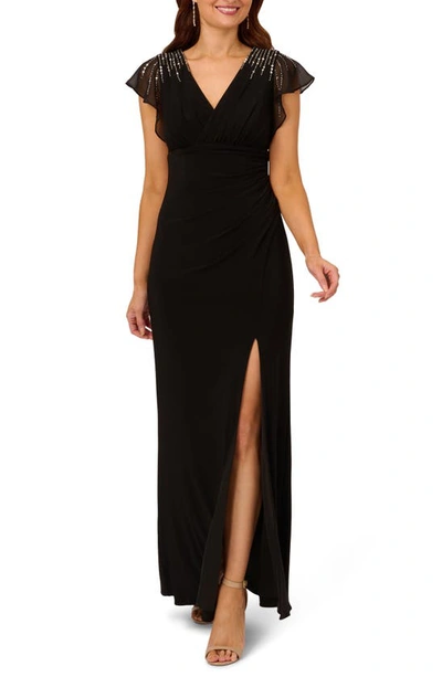 Adrianna Papell Beaded Jersey Chiffon Faux Wrap Gown In Black