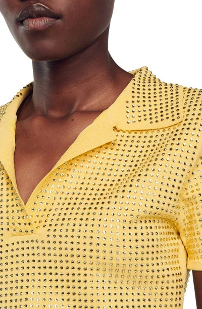 Shop Sandro Vierge Embellished Crop Knit Polo Shirt In Yellow