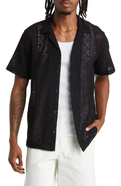 Shop Saturdays Surf Nyc Canty Crochet Stitch Short Sleeve Button-up Shirt In Black