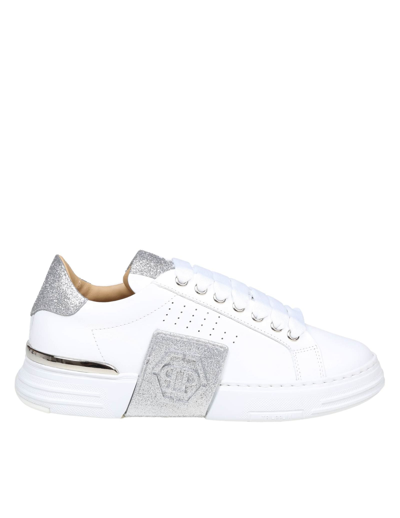 Shop Philipp Plein Sneakers Lo-top In Leather With Glitter In White/silver