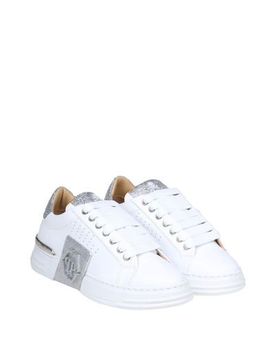 Shop Philipp Plein Sneakers Lo-top In Leather With Glitter In White/silver