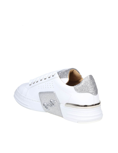 Shop Philipp Plein Sneakers Lo-top In Leather With Glitter In White/silver