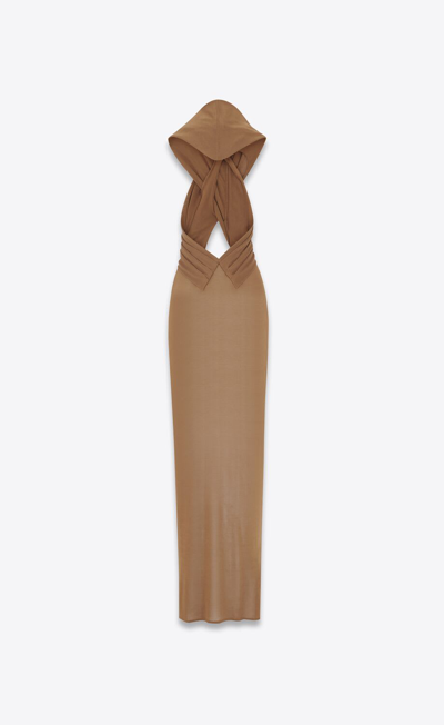 Shop Saint Laurent Hooded Knit Dress In Brown