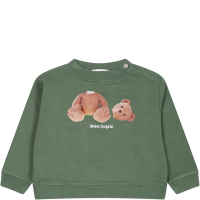 Shop Palm Angels Green Sweatshirt For Baby Boy With Bear And Logo