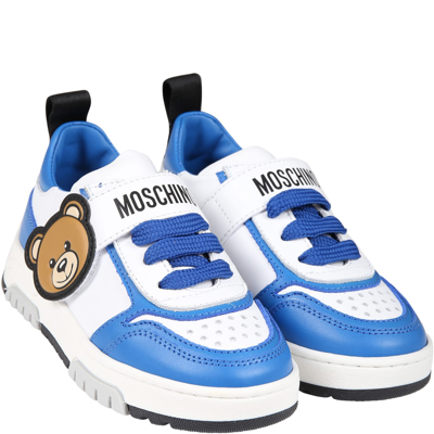 Shop Moschino Light Blue Sneakers For Boy With Teddy Bear And Logo