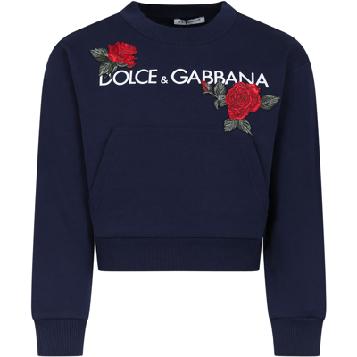 Shop Dolce & Gabbana Blue Sweatshirt For Girl With Logo And Roses