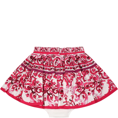 Shop Dolce & Gabbana White Skirt For Baby Girl With Logo And Majolica In Fuchsia
