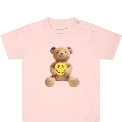 Shop Palm Angels Pink T-shirt For Baby Girl With Bear