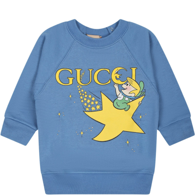 Shop Gucci Light Blue Sweatshirt For Baby Kids With Print And Logo