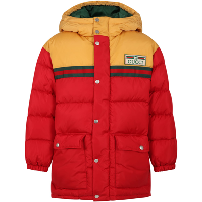 Shop Gucci Red Down Jacket For Boy With Double G In Multicolor
