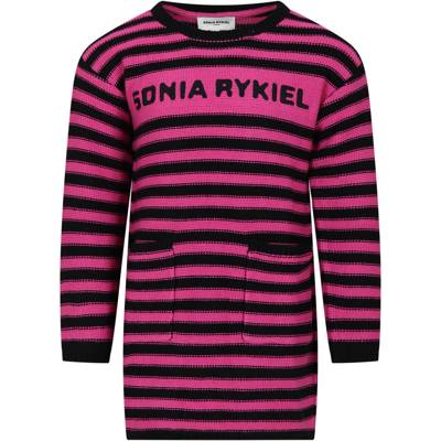 Shop Rykiel Enfant Fuchsia Dress For Girl With Logo In Multicolor