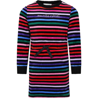 Shop Rykiel Enfant Black Dress For Girl With Logo In Multicolor