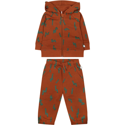 Shop Stella Mccartney Beige Suit For Baby Boy With Print In Brown