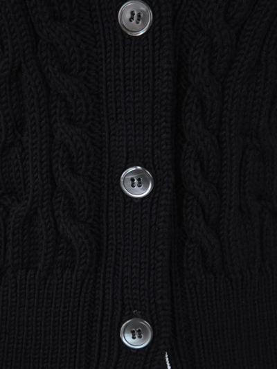 Shop Thom Browne Crisscross Cable Stitch 3/4 Sleeve V Neck Cardigan In Merino Wool With Rolled Cuffs And Rwb Tabs In Navy