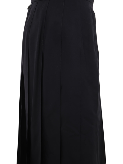 Shop Thom Browne Below Knee Dropped Back Pleated Skirt In Engineered 4 Bar Plain Weave Suiting In Dark Blue