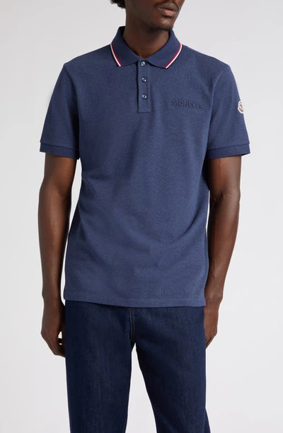 Shop Moncler Tipped Logo Embossed Cotton Piqué Polo In Navy