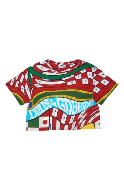 Shop Dolce & Gabbana Kids' Carretto Siciliano Print Cotton Crop T-shirt In Red Multiprint