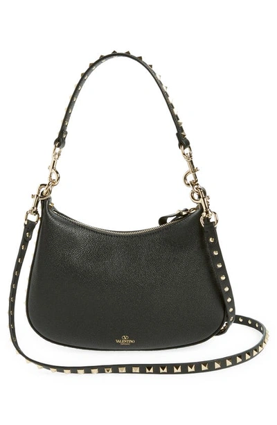 Shop Valentino Small Rockstud Leather Hobo Bag In 0no Nero