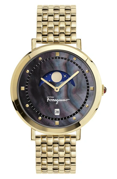 Shop Ferragamo Logomania Moon Phase Black Dial Stainless Steel Bracelet Watch, 36mm X 8.7mm In Gold