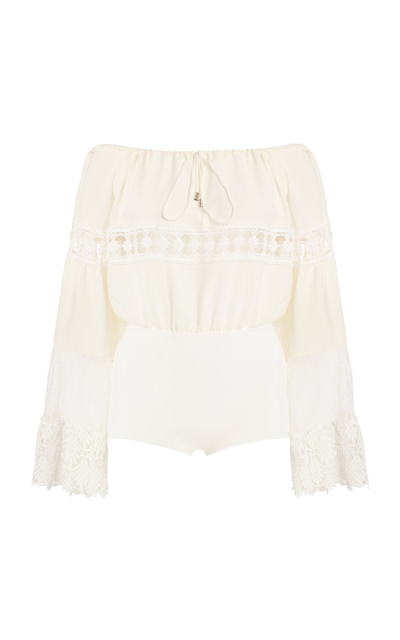 Shop Zuhair Murad Off-the-shoulder Crepe Lace Bodysuit In White