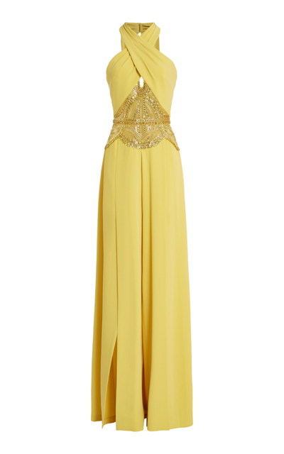 Shop Zuhair Murad Embellished Cady Halter Jumpsuit In Yellow