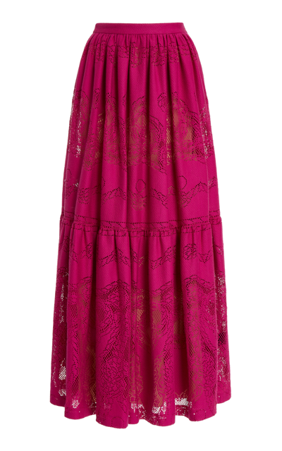 Shop Zuhair Murad Cotton-blend Lace Midi Skirt In Pink