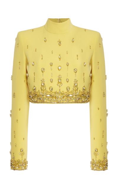 Shop Zuhair Murad Crystal-embellished Cady Turtleneck Crop Top In Yellow