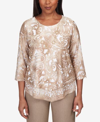 Shop Alfred Dunner Women's Mulberry Street Paisley Jacquard Pointed Hem Top In Latte