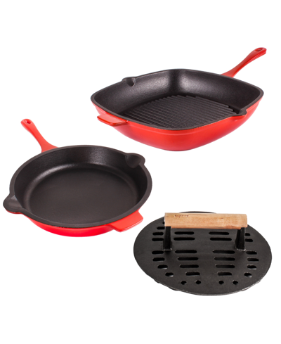 Shop Berghoff Neo Enameled Cast Iron 3 Piece 10" Fry Pan, 11" Grill Pan, And Slotted Steak Press Set In Red