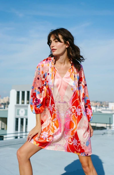 Ciebon Drea Floral Print Long Sleeve Minidress In Coral