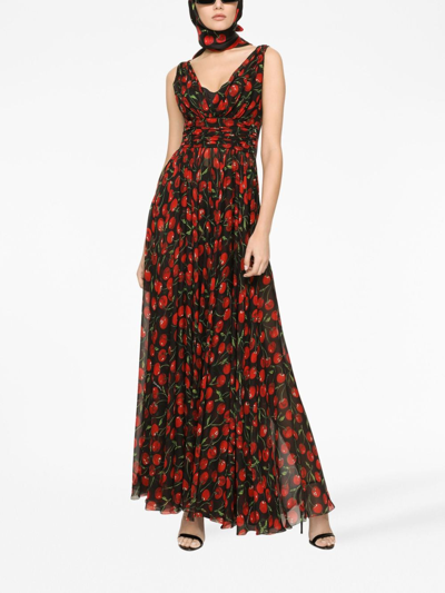 Shop Dolce & Gabbana Cherry-print Pleated Dress In Black