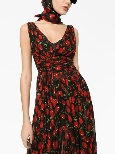 Shop Dolce & Gabbana Cherry-print Pleated Dress In Black