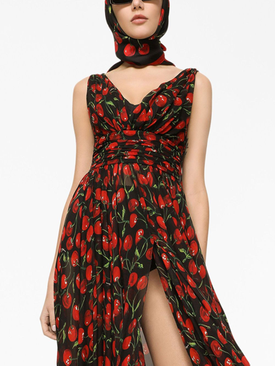 Shop Dolce & Gabbana Cherry-print Pleated Dress In Black