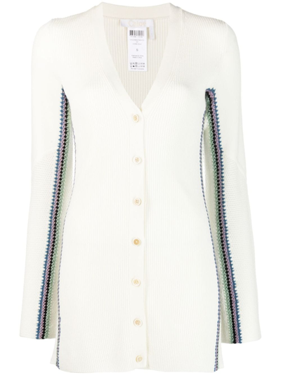Shop Chloé Stripe-detail Long Wool Cardigan In White